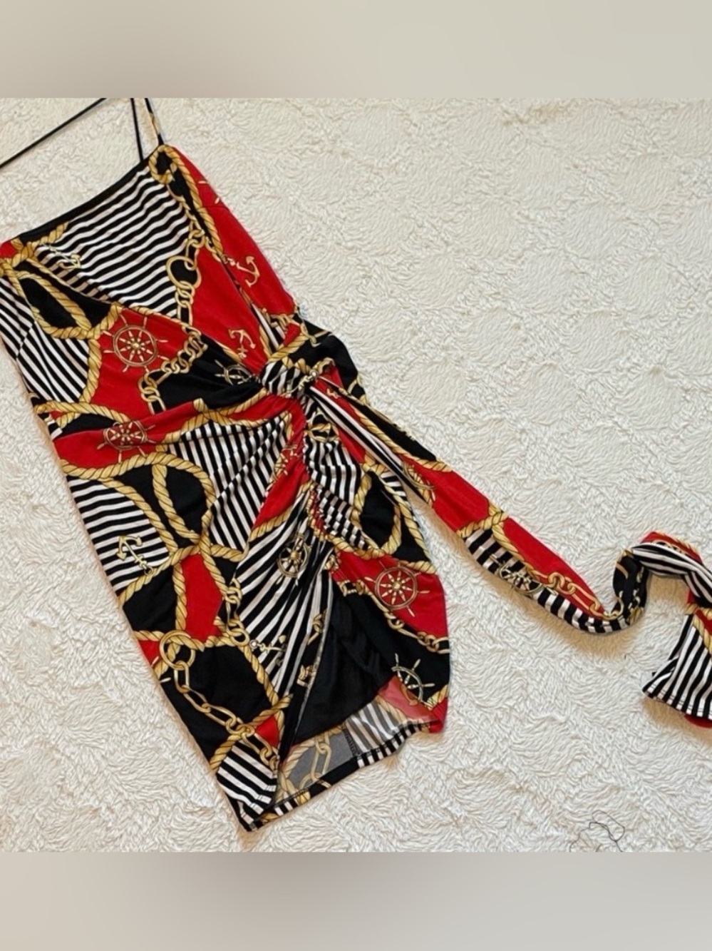 Nautical Print Red & Black Mini Dress with Tie Detail